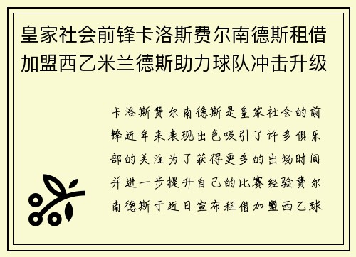 皇家社会前锋卡洛斯费尔南德斯租借加盟西乙米兰德斯助力球队冲击升级