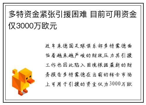 多特资金紧张引援困难 目前可用资金仅3000万欧元