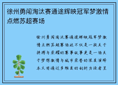徐州勇闯淘汰赛通途辉映冠军梦激情点燃苏超赛场